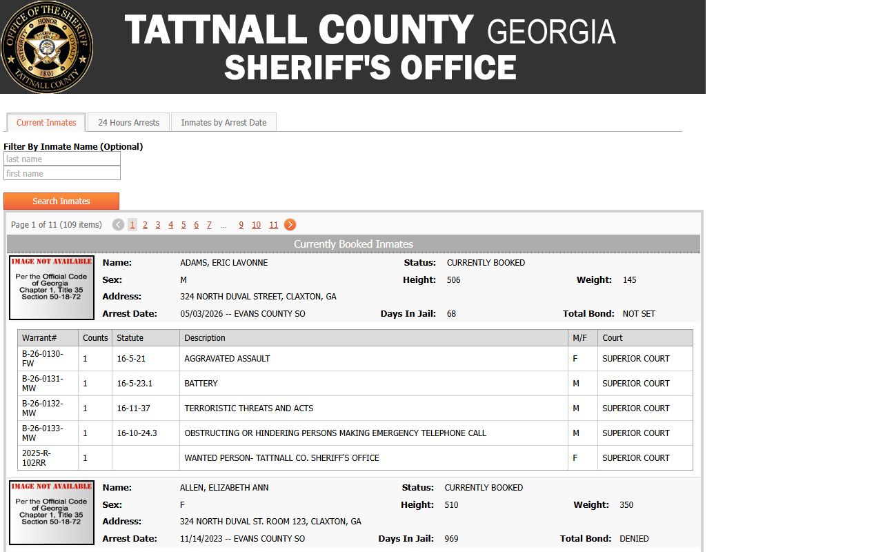 Tattnall County arrest records current inmate inquiry charge rows