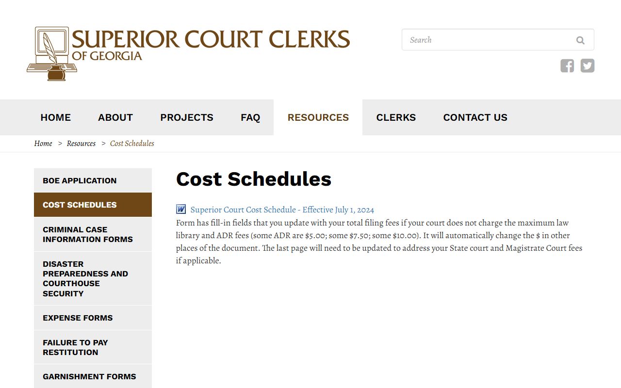 Tattnall County court dockets Superior Court clerk cost schedules