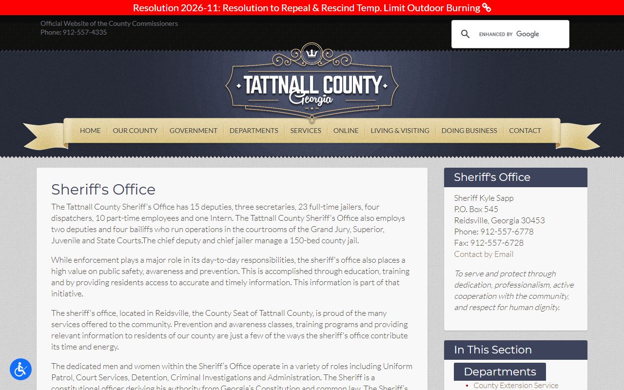 Tattnall County inmate records sheriff office operations