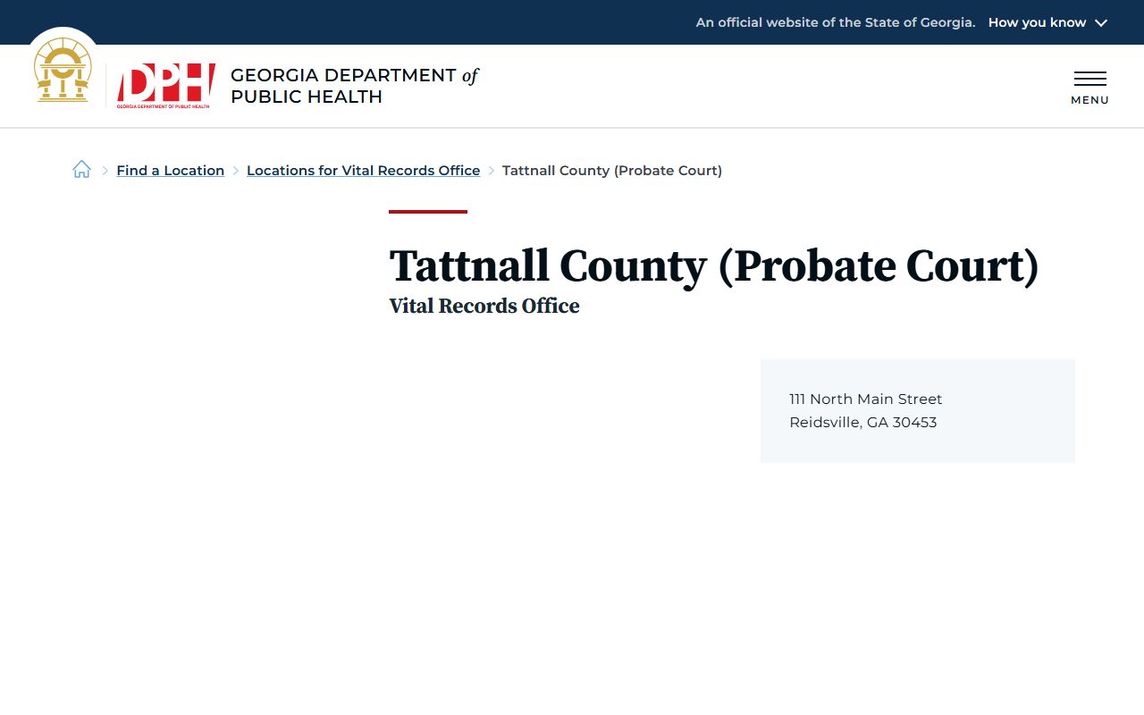 Tattnall County marriage records Probate Court DPH location
